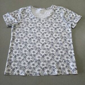 White Stag Womens Floral Print T-Shirt Navy Blue White‎ Cotton Scoop Neck Size M